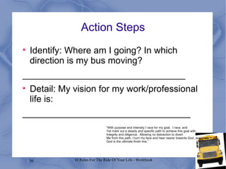 Action Steps Identify: Where am I going? In which direction is my bus moving? ________________________________ Detail: My vision for my work/professional life is: _________________________________ “ With purpose and intensity I race for my goal.  I race, and Yet mark out a steady and specific path to achieve this goal with Integrity and diligence.  Allowing no distraction to divert Me from this path, I turn my face and hear nearer towards God, as I know God is the ultimate finish line.” 