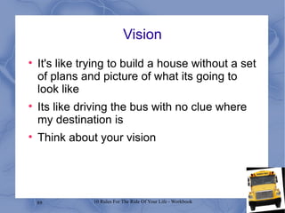 Vision It's like trying to build a house without a set of plans and picture of what its going to look like Its like driving the bus with no clue where my destination is Think about your vision 