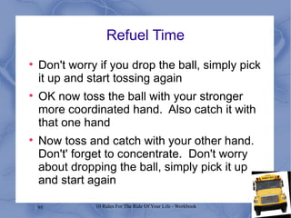 Refuel Time Don't worry if you drop the ball, simply pick it up and start tossing again OK now toss the ball with your stronger more coordinated hand.  Also catch it with that one hand Now toss and catch with your other hand. Don't' forget to concentrate.  Don't worry about dropping the ball, simply pick it up and start again 
