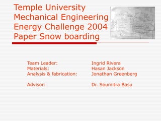 Temple University
Mechanical Engineering
Energy Challenge 2004
Paper Snow boarding
Team Leader: Ingrid Rivera
Materials: Hasan Jackson
Analysis & fabrication: Jonathan Greenberg
Advisor: Dr. Soumitra Basu
 
