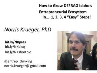 Norris Krueger, PhD
@entrep_thinking
norris.krueger@ gmail.com
How to Grow DEFRAG Idaho’s
Entrepreneurial Ecosystem
in… 1, 2, 3, 4 “Easy” Steps!
bit.ly/NKpres
bit.ly/NKblog
bit.ly/NKshortbio
 