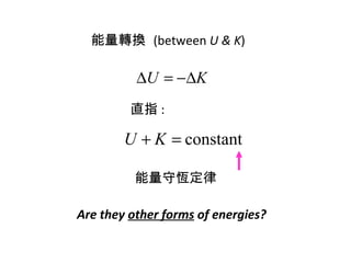 能量轉換  (between  U & K ) Are they  other forms  of energies? 直指 : 能量守恆定律 