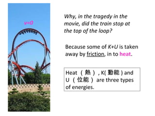 Why, in the tragedy in the movie, did the train stop at the top of the loop?  v=0 Because some of  K+U  is taken away by  friction , in to  heat . Heat （熱） , K( 動能 ) and U （位能） are three types of energies. 