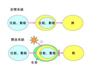 封閉系統 開放系統 生命 位能、動能 位能、動能 熱 位能、動能 位能、動能 熱 光 