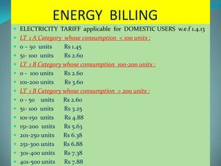 ENERGY BILLING
 ELECTRICITY TARIFF applicable for DOMESTIC USERS w.e.f 1.4.13
 LT 1 A Category whose consumption < 100 units :
 0 – 50 units Rs 1.45
 51- 100 units Rs 2.60
 LT 1 B Category whose consumption 100-200 units :
 0 - 100 units Rs 2.60
 101-200 units Rs 3.60
 LT 1 B Category whose consumption > 200 units :
 0 - 50 units Rs 2.60
 51- 100 units Rs 3.25
 101-150 units Rs 4.88
 151-200 units Rs 5.63
 201-250 units Rs 6.38
 251-300 units Rs 6.88
 301-400 units Rs 7.38
 401-500 units Rs 7.88
 