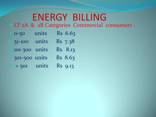 ENERGY BILLING
 LT 2A & 2B Categories Commercial consumers :
 0-50 units Rs 6.63
 51-100 units Rs 7.38
 101-300 units Rs 8.13
 301-500 units Rs 8.63
 > 501 units Rs 9.13
 