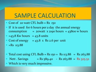SAMPLE CALCULATION
 Cost of 20 watt CFL bulb = Rs 150
 If it is used for 6 hours per a day the annual energy
consumption = 20watt x 2190 hours = 43800 w hours
 =43.8 Kw hours = 43.8 units
 Cost of energy = 43.8 x Rs 2.6 per unit
 =Rs 113.88
 Total cost using CFL Bulb = Rs 150 + Rs 113.88 = Rs 263.88
 Nett . Savings = Rs 589.40 - Rs 263.88 = Rs 325.52
 Which is very much impressive.
 