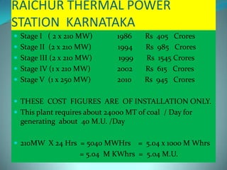 RAICHUR THERMAL POWER
STATION KARNATAKA
 Stage I ( 2 x 210 MW) 1986 Rs 405 Crores
 Stage II (2 x 210 MW) 1994 Rs 985 Crores
 Stage III (2 x 210 MW) 1999 Rs 1545 Crores
 Stage IV (1 x 210 MW) 2002 Rs 615 Crores
 Stage V (1 x 250 MW) 2010 Rs 945 Crores
 THESE COST FIGURES ARE OF INSTALLATION ONLY.
 This plant requires about 24000 MT of coal / Day for
generating about 40 M.U. /Day
 210MW X 24 Hrs = 5040 MWHrs = 5.04 x 1000 M Whrs
= 5.04 M KWhrs = 5.04 M.U.
 