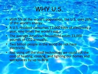 WHY U.S.
• With 5% of the world’s population, the U.S. uses 26%
of the world’s energy.
• A U.S. resident consumes 12,000 kWh of electricity a
year, nine times the world’s avg.
• The average American household emits 23,000
pounds of CO2 annually.
• Two billion people in the world do not have
electricity.
• Just using off the shelf technology we could cut the
cost of heating, cooling, and lighting our homes and
workplaces by up to 80%.
 