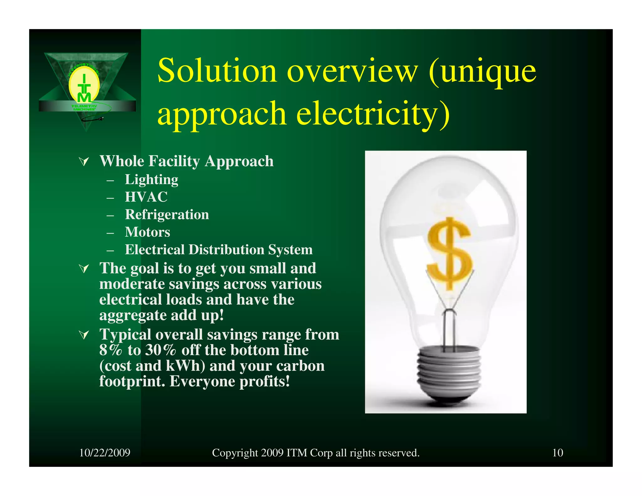 Solution overview (unique
              approach electricity)
   Whole Facility Approach
     –   Lighting
     –   HVAC
     –   Refrigeration
     –   Motors
     –   Electrical Distribution System
   The goal is to get you small and
   moderate savings across various
   electrical loads and have the
   aggregate add up!
   Typical overall savings range from
   8% to 30% off the bottom line
   (cost and kWh) and your carbon
   footprint. Everyone profits!



10/22/2009            Copyright 2009 ITM Corp all rights reserved.   10
 