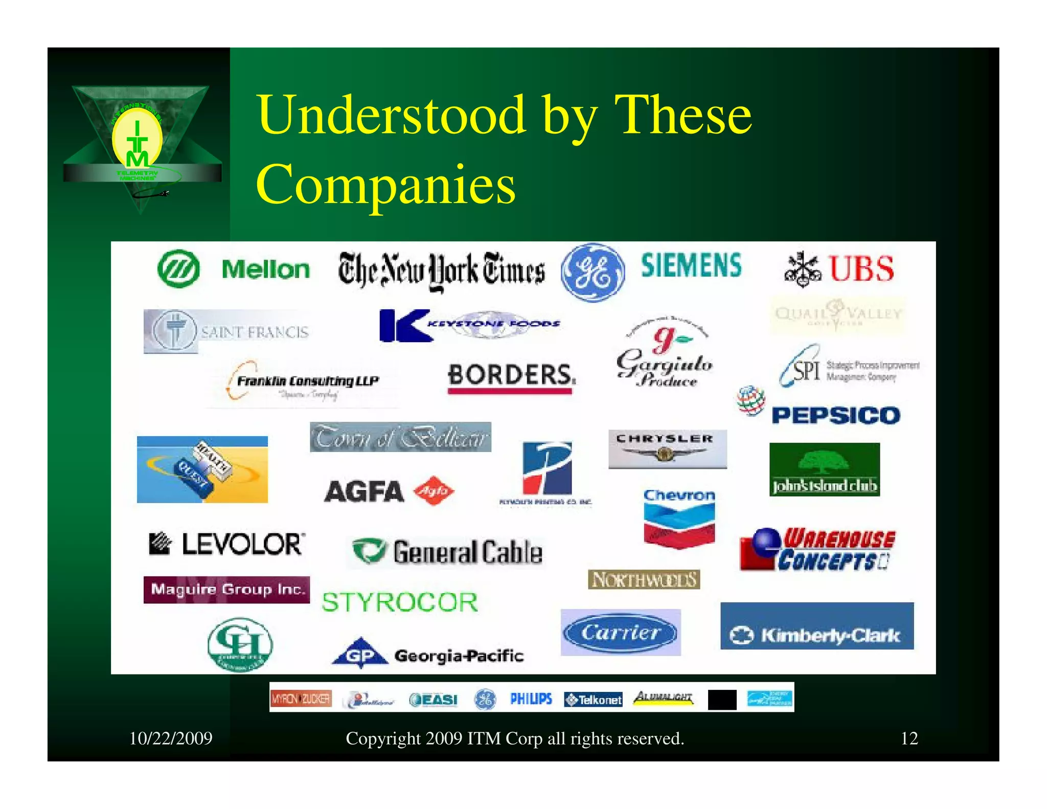 Understood by These
             Companies




10/22/2009      Copyright 2009 ITM Corp all rights reserved.   12
 