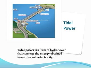 Tidal
Power
Tidal power is a form of hydropower
that converts the energy obtained
from tides into electricity.
 