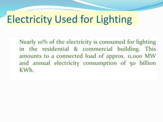 Electricity Used for Lighting
Nearly 10% of the electricity is consumed for lighting
in the residential & commercial building. This
amounts to a connected load of approx. 11,000 MW
and annual electricity consumption of 50 billion
KWh.
 