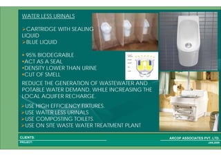 1 58PROJECT:
ARCOP ASSOCIATES PVT. LTD.CLIENTS:
JAN,2009
REDUCE THE GENERATION OF WASTEWATER AND
POTABLE WATER DEMAND, WHILE INCREASING THE
LOCAL AQUIFER RECHARGE.
WATER LESS URINALS
CARTRIDGE WITH SEALING
LIQUID
BLUE LIQUID
95% BIODEGRABLE
ACT AS A SEAL
DENSITY LOWER THAN URINE
CUT OF SMELL
USE HIGH EFFICIENCY FIXTURES.
USE WATER LESS URINALS
USE COMPOSTING TOILETS.
USE ON SITE WASTE WATER TREATMENT PLANT
 