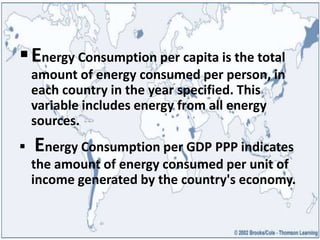 Energy Consumption per capita is the total
amount of energy consumed per person, in
each country in the year specified. This
variable includes energy from all energy
sources.
 Energy Consumption per GDP PPP indicates
the amount of energy consumed per unit of
income generated by the country's economy.
 