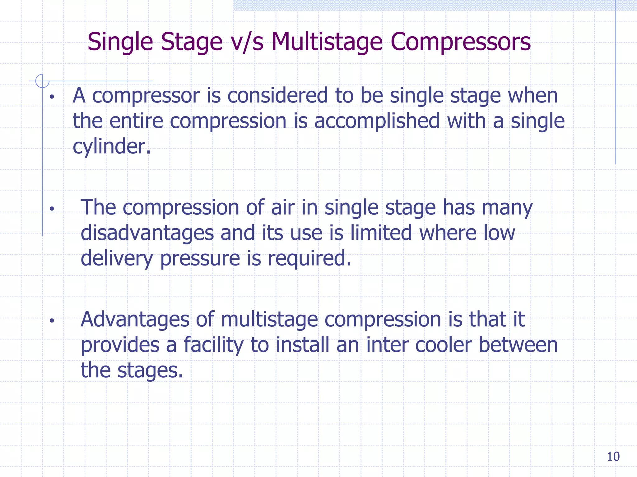 Single Stage v/s Multistage Compressors
10
• A compressor is considered to be single stage when
the entire compression is accomplished with a single
cylinder.
• The compression of air in single stage has many
disadvantages and its use is limited where low
delivery pressure is required.
• Advantages of multistage compression is that it
provides a facility to install an inter cooler between
the stages.
 