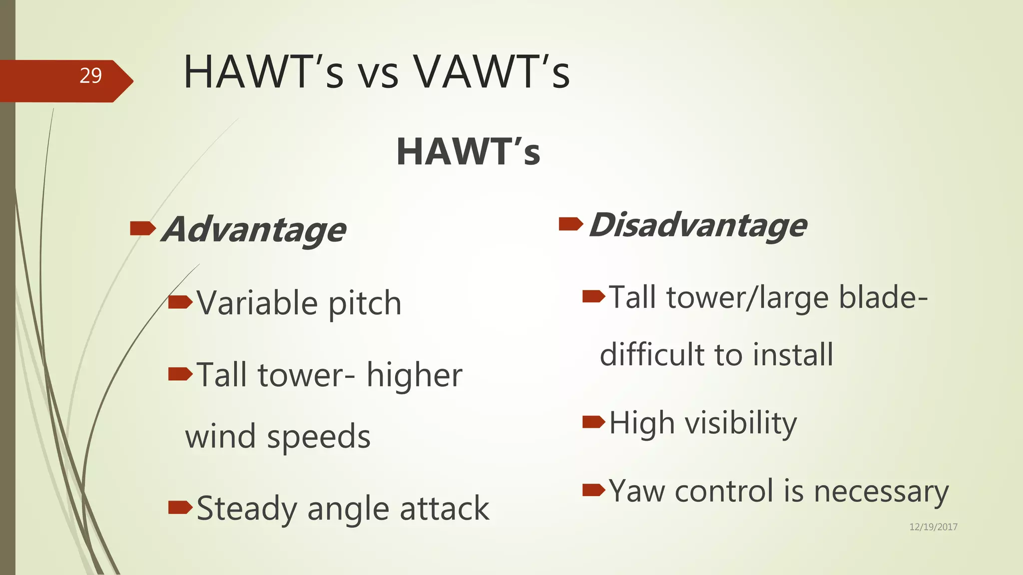 HAWT’s vs VAWT’s
HAWT’s
Advantage
Variable pitch
Tall tower- higher
wind speeds
Steady angle attack
Disadvantage
Tall tower/large blade-
difficult to install
High visibility
Yaw control is necessary
12/19/2017
29
 