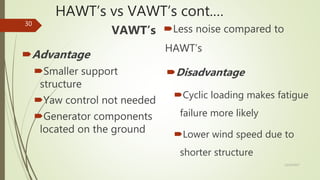 HAWT’s vs VAWT’s cont.…
VAWT’s
Advantage
Smaller support
structure
Yaw control not needed
Generator components
located on the ground
Less noise compared to
HAWT’s
Disadvantage
Cyclic loading makes fatigue
failure more likely
Lower wind speed due to
shorter structure
12/19/2017
30
 