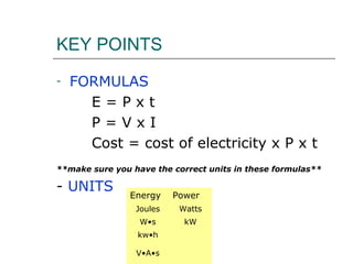 KEY POINTS
-

FORMULAS
E=Pxt
P=VxI
Cost = cost of electricity x P x t

**make sure you have the correct units in these formulas**

- UNITS

Energy

Power

Joules

Watts

W•s

kW

kw•h
V•A•s

 