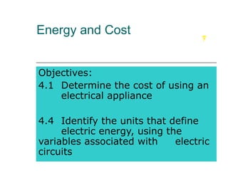 Energy and Cost
Objectives:
4.1 Determine the cost of using an
electrical appliance
4.4 Identify the units that define
electric energy, using the
variables associated with
electric
circuits

 