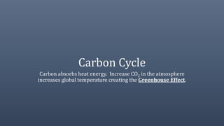 Carbon Cycle
Carbon absorbs heat energy. Increase CO2 in the atmosphere
increases global temperature creating the Greenhouse Effect.
 