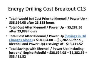 Energy Drilling Cost Breakout C13
• Total (would be) Cost Prior to Kleenoil / Power Up =
$38,694.08 after 23,888 hours
• Total Cost After Kleenoil / Power Up = $5,282.56
after 23,888 hours
• Total Cost After Kleenoil / Power Up (Savings in Oil
Changes Alone) = $18,694.08 – ($5,282.56 for oil,
Kleenoil and Power Up) = savings of - $13,411.52
• Total Savings with Kleenoil / Power Up (Including
just one) Engine Rebuild = $38,694.08 – $5,282.56 =
$33,411.52
 