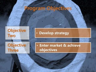Program Objectives
Objective
Two
• Develop strategy
Objective
Three
• Enter market & achieve
objectives
 