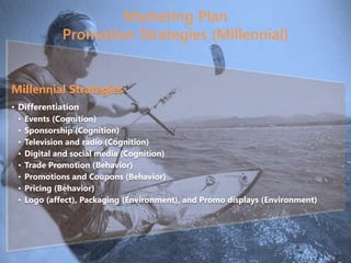 Marketing Plan
Promotion Strategies (Millennial)
Millennial Strategies
• Differentiation
• Events (Cognition)
• Sponsorship (Cognition)
• Television and radio (Cognition)
• Digital and social media (Cognition)
• Trade Promotion (Behavior)
• Promotions and Coupons (Behavior)
• Pricing (Behavior)
• Logo (affect), Packaging (Environment), and Promo displays (Environment)
 
