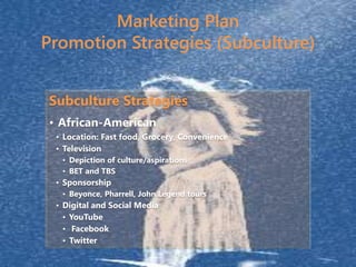 Marketing Plan
Promotion Strategies (Subculture)
Subculture Strategies
• African-American
• Location: Fast food, Grocery, Convenience
• Television
• Depiction of culture/aspirations
• BET and TBS
• Sponsorship
• Beyonce, Pharrell, John Legend tours
• Digital and Social Media
• YouTube
• Facebook
• Twitter
 