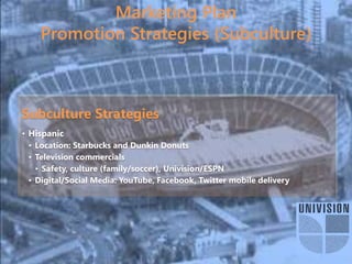 Marketing Plan
Promotion Strategies (Subculture)
Subculture Strategies
• Hispanic
• Location: Starbucks and Dunkin Donuts
• Television commercials
• Safety, culture (family/soccer), Univision/ESPN
• Digital/Social Media: YouTube, Facebook, Twitter mobile delivery
 