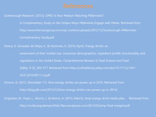 References
Scarborough Research. (2012). OMG! Is Your Medium Reaching Millennials?
A Complimentary Study on the Unique Ways Millennials Engage with Media. Retrieved from
http://www.therussogroup.com/wp-content/uploads/2012/12/Scarborough-Millennials-
Complimentary-Study.pdf
Sherry, K. Gonzalez de Mejia, E., & Heckman, K. (2010, April). Energy drinks: an
assessment of their market size, consumer demographics, ingredient profile, functionality, and
regulations in the United States. Comprehensive Reviews in Food Science and Food
Safety, 9 (3), 303-317. Retrieved from http://onlinelibrary.wiley.com/doi/10.1111/j.1541-
4337.2010.00111.x/pdf
Simons, D. (2013, December 17). How energy drinks can power up in 2014. Retrieved from
http://blog.gfk.com/2013/12/how-energy-drinks-can-power-up-in-2014/
Singraber, M., Pope, L., Morris, J., & Morris, A. (2013, March). Amp energy drink media plan. Retrieved from
http://mollysingraberportfolio.files.wordpress.com/2013/03/amp-final-merged.pdf
 