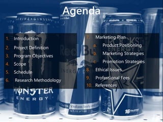 Agenda
1. Introduction
2. Project Definition
3. Program Objectives
4. Scope
5. Schedule
6. Research Methodology
7. Marketing Plan
a. Product Positioning
b. Marketing Strategies
c. Promotion Strategies
8. Ethical Issues
9. Professional Fees
10. References
 