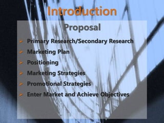 Introduction
Proposal
 Primary Research/Secondary Research
 Marketing Plan
 Positioning
 Marketing Strategies
 Promotional Strategies
 Enter Market and Achieve Objectives
 