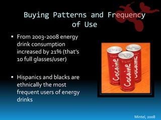 Buying Patterns and Frequency of UseFrom 2003-2008 energy drink consumption increased by 21% (that’s 10 full glasses/user)Hispanics and blacks are ethnically the most frequent users of energy drinksMintel, 2008