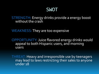SWOTSTRENGTH: Energy drinks provide a energy boost without the crashWEAKNESS: They are too expensiveOPPORTUNITY: Juice flavored energy drinks would appeal to both Hispanic users, and morning usersTHREAT: Heavy and irresponsible use by teenagers may lead to laws restricting their sales to anyone under 18