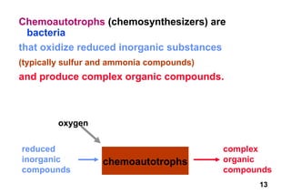 Chemoautotrophs (chemosynthesizers) are
  bacteria
that oxidize reduced inorganic substances
(typically sulfur and ammonia compounds)
and produce complex organic compounds.



        oxygen


reduced                                    complex
inorganic          chemoautotrophs         organic
compounds                                  compounds
                                                 13
 