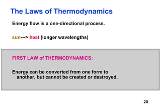 The Laws of Thermodynamics
Energy flow is a one-directional process.

sun---> heat (longer wavelengths)



FIRST LAW of THERMODYNAMICS:

Energy can be converted from one form to
 another, but cannot be created or destroyed.




                                                20
 