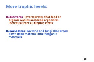 26
More trophic levels:
Detritivores--invertebrates that feed on
organic wastes and dead organisms
(detritus) from all trophic levels
Decomposers--bacteria and fungi that break
down dead material into inorganic
materials
 