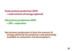 37
Gross primary production (GPP)
= total amount of energy captured
Net primary production (NPP)
= GPP - respiration
Net primary production is thus the amount of
energy stored by the producers and potentially
available to consumers and decomposers.
 
