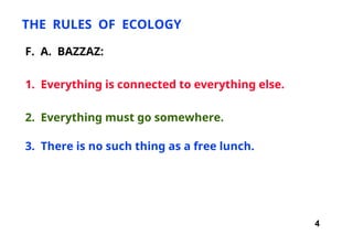 4
THE RULES OF ECOLOGY
F. A. BAZZAZ:
1. Everything is connected to everything else.
2. Everything must go somewhere.
3. There is no such thing as a free lunch.
 