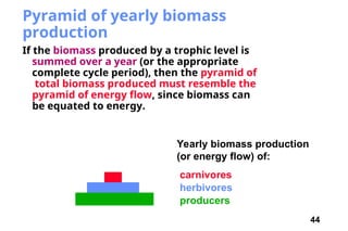 44
Pyramid of yearly biomass
production
If the biomass produced by a trophic level is
summed over a year (or the appropriate
complete cycle period), then the pyramid of
total biomass produced must resemble the
pyramid of energy flow, since biomass can
be equated to energy.
producers
herbivores
carnivores
Yearly biomass production
(or energy flow) of:
 
