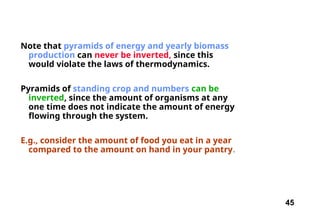 45
Note that pyramids of energy and yearly biomass
production can never be inverted, since this
would violate the laws of thermodynamics.
Pyramids of standing crop and numbers can be
inverted, since the amount of organisms at any
one time does not indicate the amount of energy
flowing through the system.
E.g., consider the amount of food you eat in a year
compared to the amount on hand in your pantry.
 