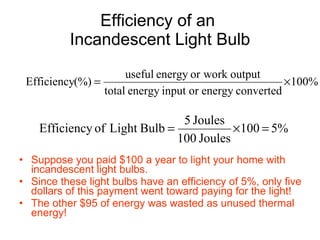 Efficiency of an  Incandescent Light Bulb Suppose you paid $100 a year to light your home with incandescent light bulbs.  Since these light bulbs have an efficiency of 5%, only five dollars of this payment went toward paying for the light!  The other $95 of energy was wasted as unused thermal energy! 