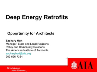 Deep Energy Retrofits
Opportunity for Architects
Zachary Hart
Manager, State and Local Relations
Policy and Community Relations
The American Institute of Architects
zacharyhart@aia.org
202-626-7354

 