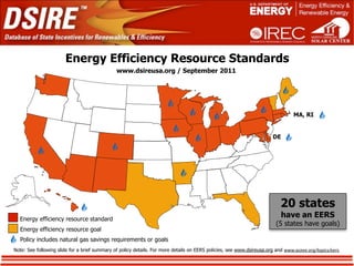 Energy Efficiency Resource Standards
                                               www.dsireusa.org / September 2011




                                                                                                                                 MA, RI


                                                                                                                       DE




                                                                                                                           20 states
  Energy efficiency resource standard
                                                                                                                           have an EERS
                                                                                                                         (5 states have goals)
  Energy efficiency resource goal
  Policy includes natural gas savings requirements or goals
Note: See following slide for a brief summary of policy details. For more details on EERS policies, see www.dsireusa.org and www.aceee.org/topics/eers.
 