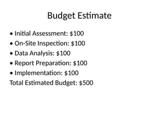 Budget Estimate
• Initial Assessment: $100
• On-Site Inspection: $100
• Data Analysis: $100
• Report Preparation: $100
• Implementation: $100
Total Estimated Budget: $500
 