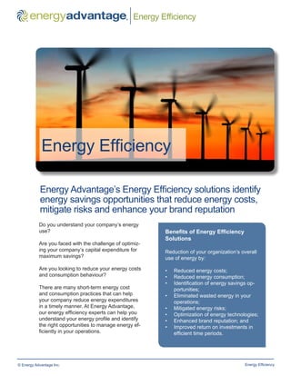 ™
                                                 ®   Energy Efficiency




            Energy Efficiency

            Energy Advantage’s Energy Efficiency solutions identify
            energy savings opportunities that reduce energy costs,
            mitigate risks and enhance your brand reputation
           Energy Efficiency is an effective solution to
           increase productivity and make certain your       Benefits of Energy Efficiency
           organization is maximizing its energy invest-     Solutions
           ment at all times.
                                                             Reduction of your organization’s overall
           Energy Advantage’s industry and in-depth          use of energy by:
           technical knowledge can help you under-
           stand your energy profile and determine the       •   Reduced energy costs;
           most efficient strategies that save you the       •   Reduced energy consumption;
           most money.                                       •   Identification of energy savings op-
                                                                 portunities;
           Managing your energy consumption can              •   Eliminated wasted energy in your
           help reduce costs, optimize technology and            operations;
           manage energy risks.                              •   Mitigated energy risks;
                                                             •   Optimization of energy technologies;
           Providing a suite of comprehensive solu-          •   Enhanced brand reputation; and
           tions, Energy Advantage can help your orga-       •   Improved return on investments in
           nization identify energy savings opportuni-           efficient time periods.
           ties and minimize your energy expenditures.




© Energy Advantage Inc.                                                                        Energy Efficiency
 