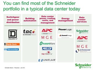 You can find most of the Schneider
portfolio in a typical data center today
   Switchgear                                         Data center
                                                     power, cooling,                  Data
                                         Building                        Energy
   and power                                           racks, and                    center
                                        automation                     management
   distribution                                       management
                                                                                    services




Schneider Electric - IT Business – Jan 2012                                                    3
 