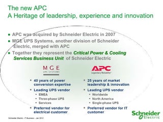 The new APC
A Heritage of leadership, experience and innovation

● APC was acquired by Schneider Electric in 2007
● MGE UPS Systems, another division of Schneider
  Electric, merged with APC
● Together they represent the Critical Power & Cooling
  Services Business Unit of Schneider Electric




Schneider Electric - IT Business – Jan 2012              4
 