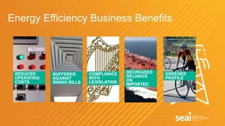 Energy Efficiency Business Benefits
REDUCED
OPERATING
COSTS
BUFFERED
AGAINST
RISING BILLS
COMPLIANCE
WITH
LEGISLATION
DECREASED
RELIANCE
ON
IMPORTED
FUELS
GREENER
PROFILE
 